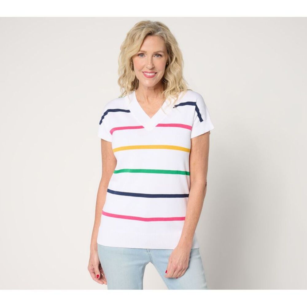 SUNNYLiFE Women's Top Plus Sz Sweater 1X Hyper Prep Multi Stripe V White A679771